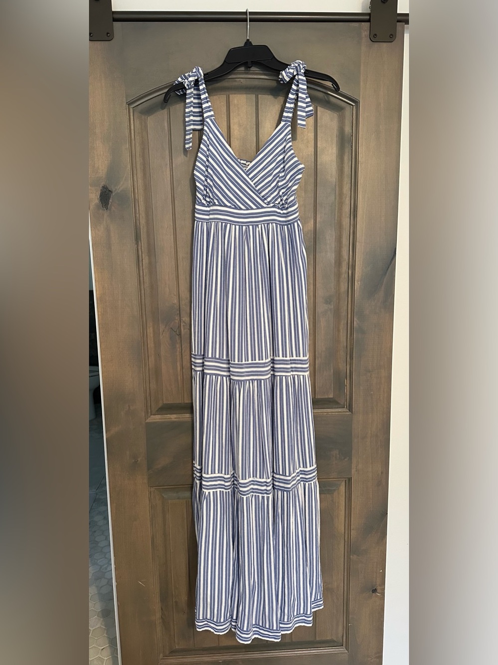 Blue and White Striped Tie-Shoulder Maxi Dress